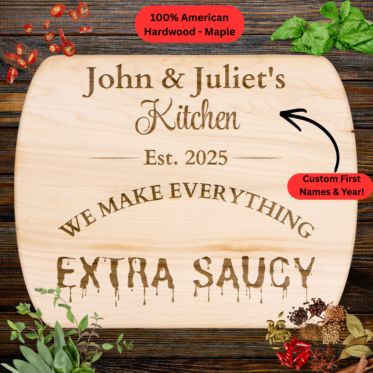 Personalized Couple Names and Year Cutting Board. Funny Kitchen Gift. Custom Foodie Couple Keepsake