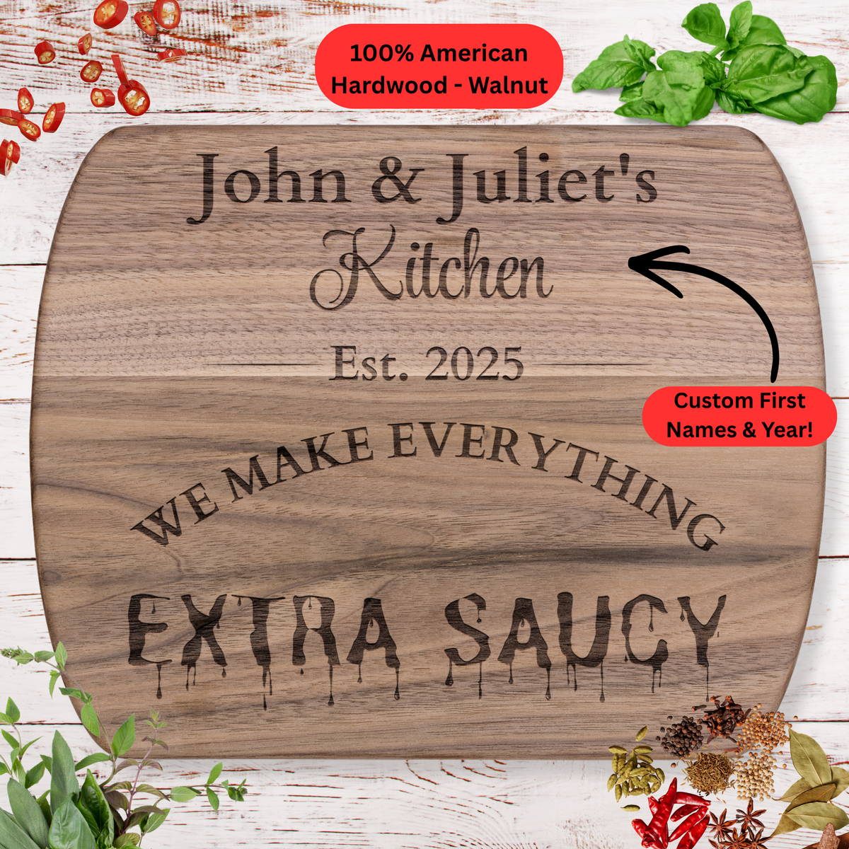Personalized Couple Names and Year Cutting Board. Funny Kitchen Gift. Custom Foodie Couple Keepsake