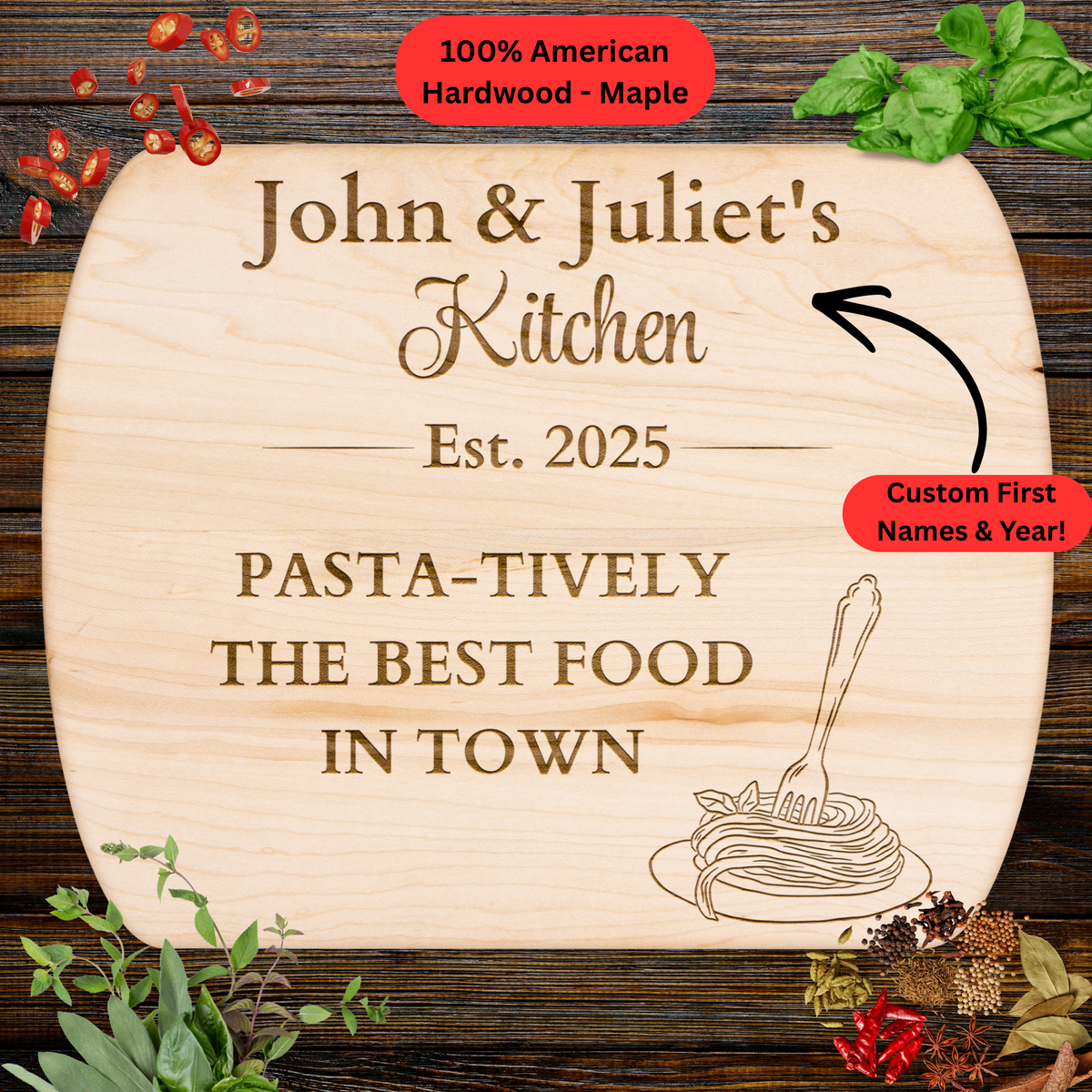 Personalized Couple Names and Year Cutting Board. Funny Pasta Lover Gift. Custom Kitchen Keepsake