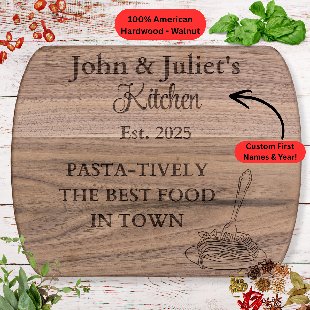 Personalized Couple Names and Year Cutting Board. Funny Pasta Lover Gift. Custom Kitchen Keepsake