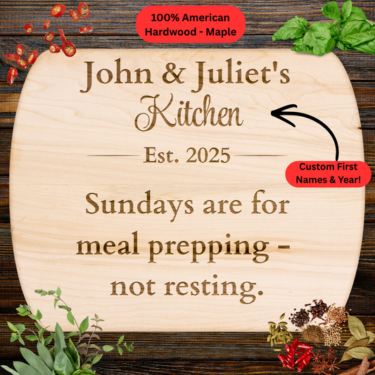 Personalized Names and Year Cutting Board. Meal Prep Gift. Fitness Kitchen Gift. Custom Kitchen Keepsake