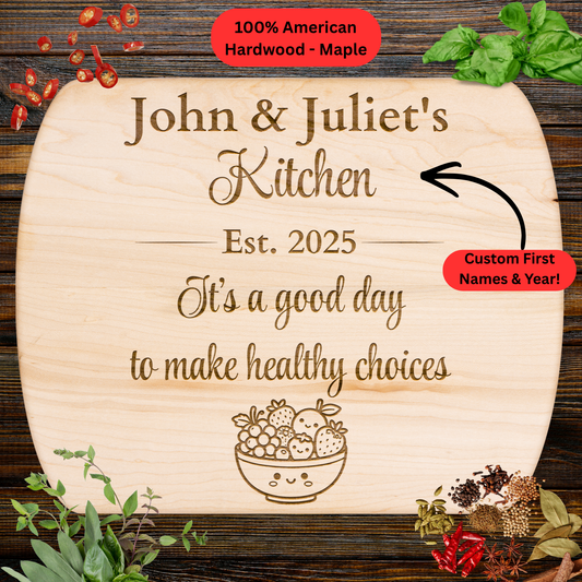 Personalized Cutting Board. Custom Names and Year. Healthy Lifestyle Gift. Wellness Kitchen Gift. Hardwood Cutting Board