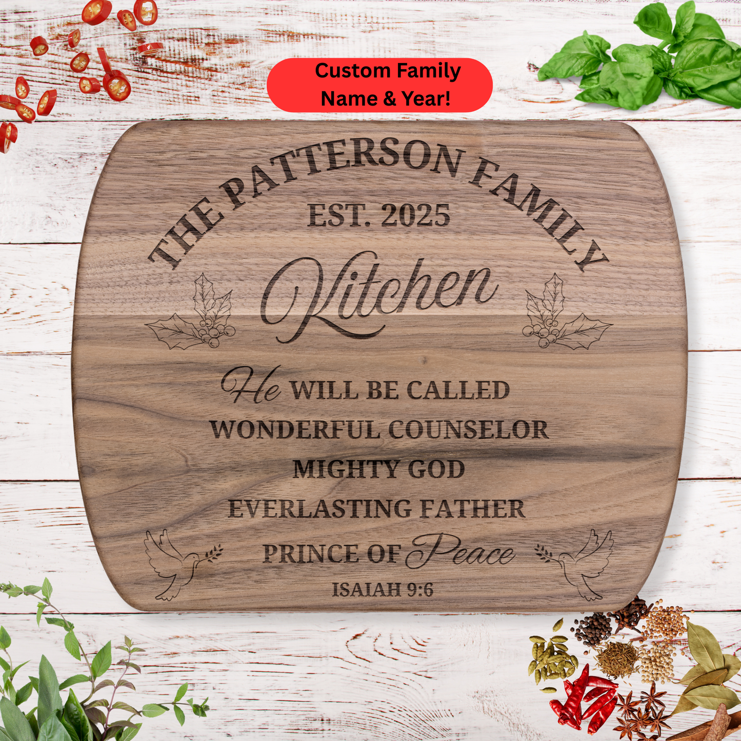 Personalized Christmas Cutting Board. Custom Family Name Gift. Walnut Board with Holly and Doves. Christmas Family Gift. Christian Family Gift