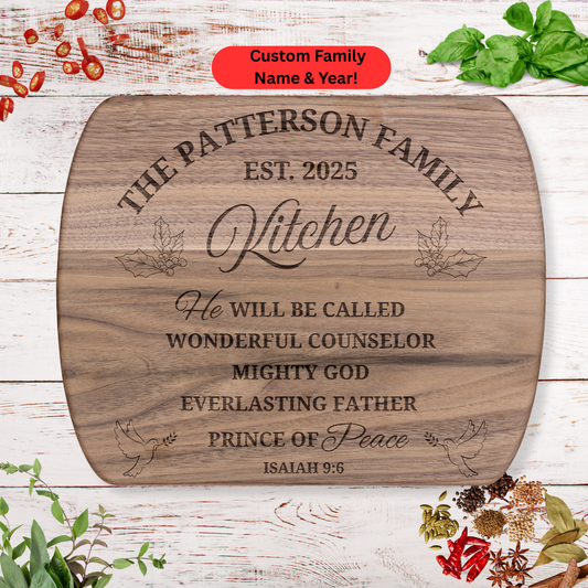Personalized Christmas Cutting Board. Custom Family Name Gift. Walnut Board with Holly and Doves. Christmas Family Gift. Christian Family Gift