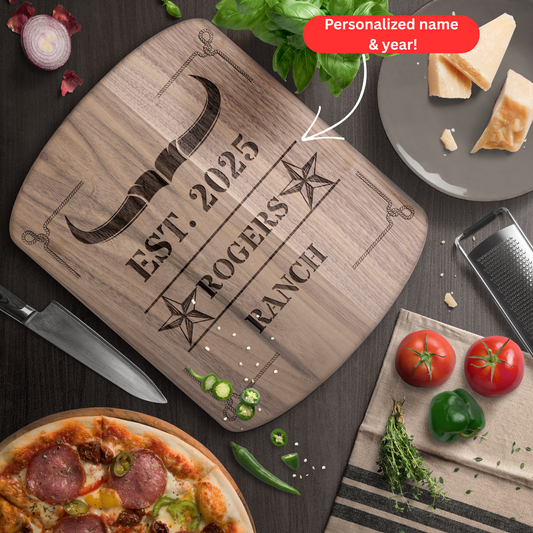 Personalized Ranch Cutting Board. Custom Family Name and Year with Bull Horn and Western Border Design