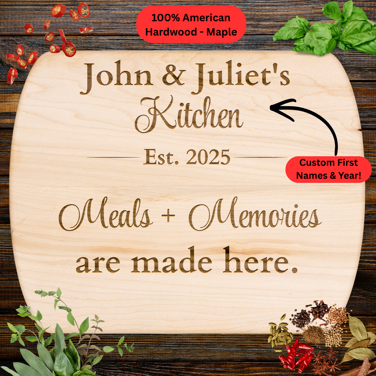 Personalized Foodies Cutting Board. Custom Names and Year. Family Kitchen Gift. Housewarming Gift. Personalized Hardwood Cutting Board