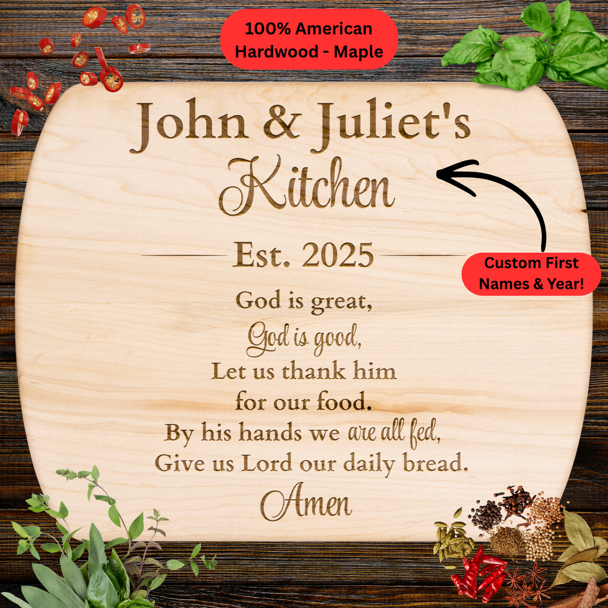 Personalized Christian Cutting Board. Custom Names & Year. Christian Family Gift. Faith Based Kitchen Decor. Personalized Hardwood Cutting Board