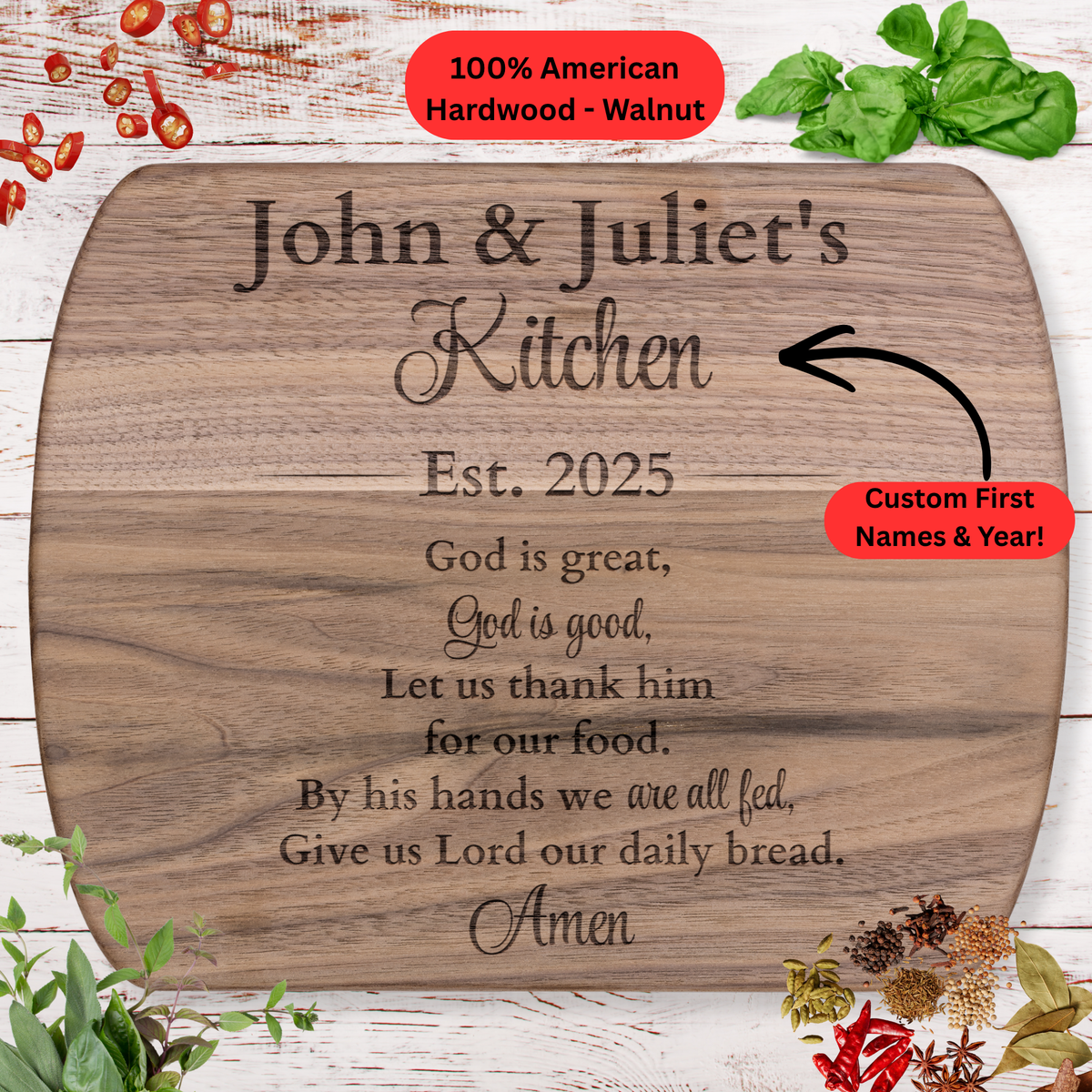 Personalized Christian Cutting Board. Custom Names & Year. Christian Family Gift. Faith Based Kitchen Decor. Personalized Hardwood Cutting Board