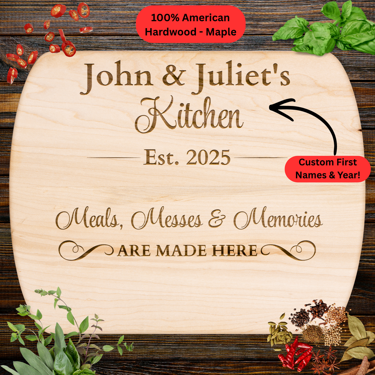 Personalized Cutting Board. Custom Names and Year. Family Kitchen Gift. Housewarming Gift. Personalized Hardwood Cutting Board