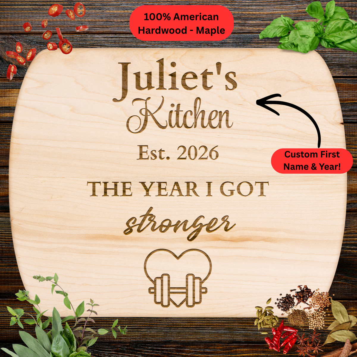 Personalized Fitness Cutting Board. Custom Name and Year. Strength and Fitness Gift