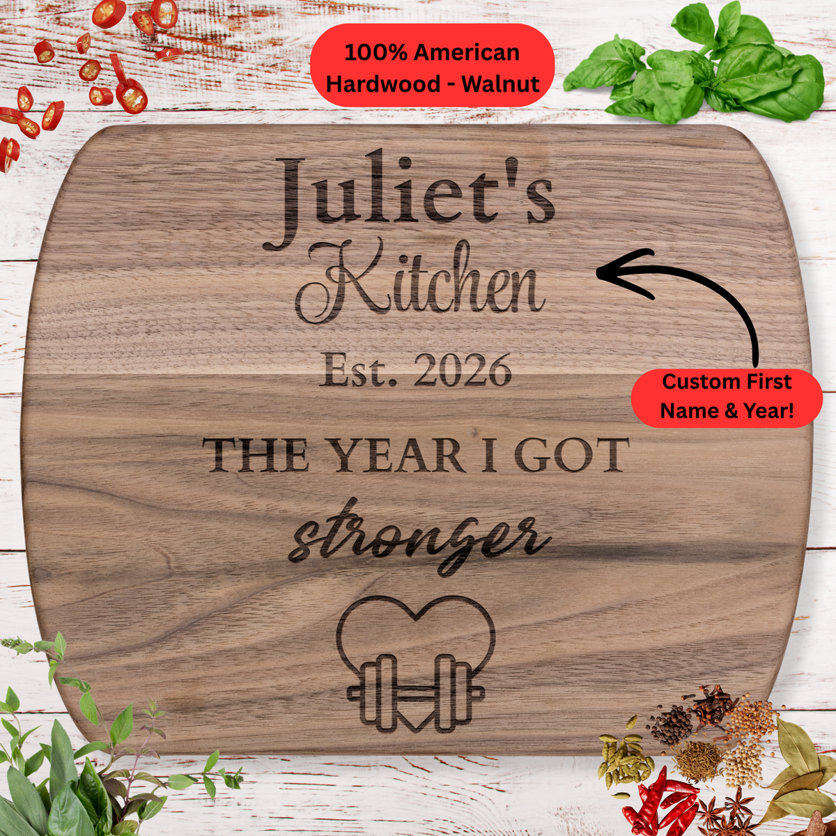 Personalized Fitness Cutting Board. Custom Name and Year. Strength and Fitness Gift