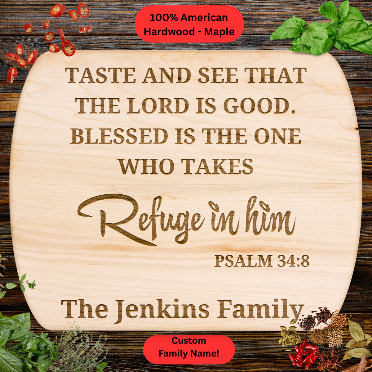Personalized Psalm 34:8 Cutting Board. Custom Family Name Christian Gift. Faith Based Kitchen Décor