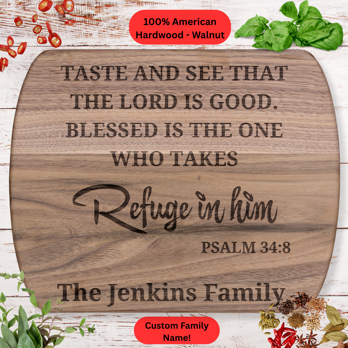 Personalized Psalm 34:8 Cutting Board. Custom Family Name Christian Gift. Faith Based Kitchen Décor