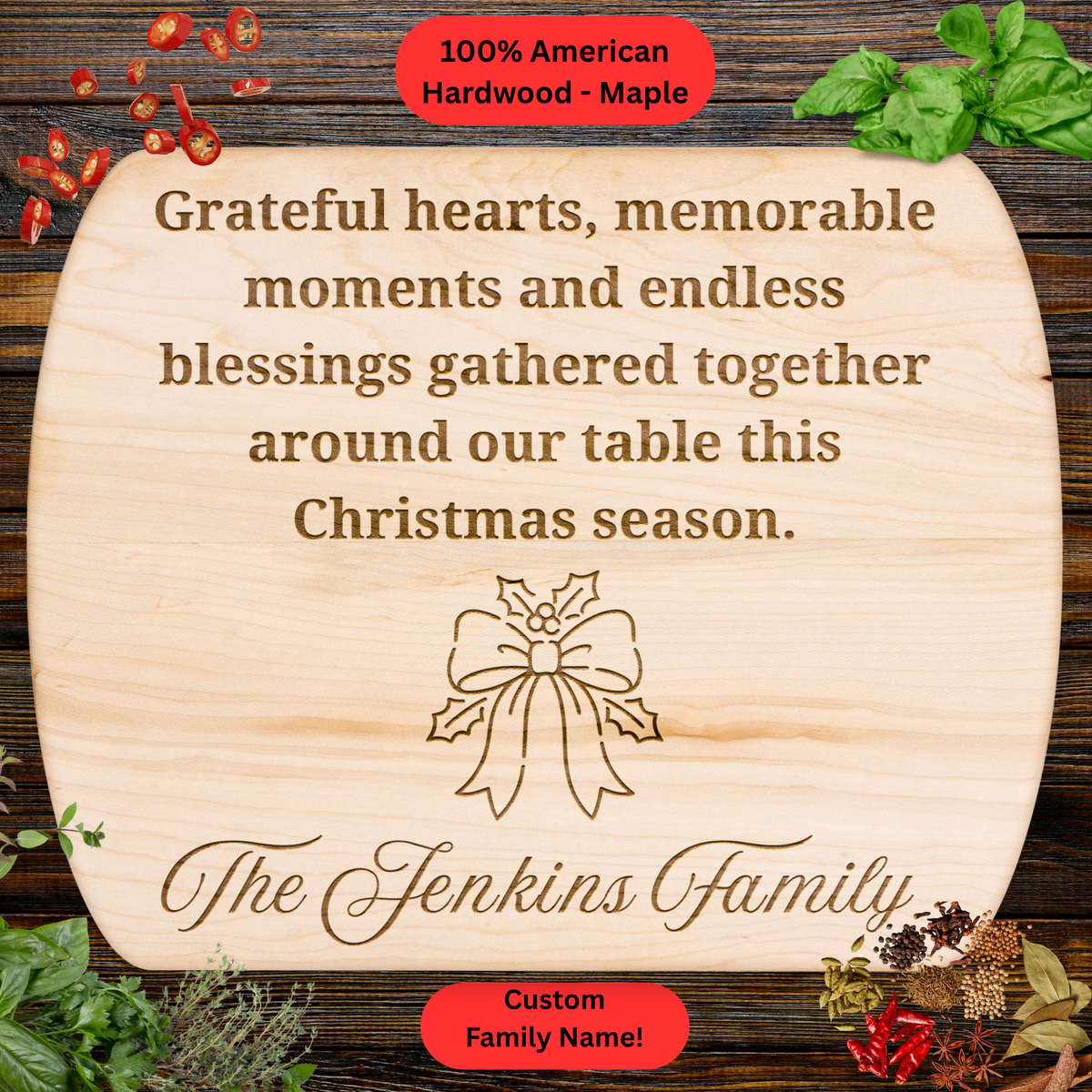 Personalized Christmas Family Cutting Board. Custom Family Name Gift. Holiday Kitchen Décor