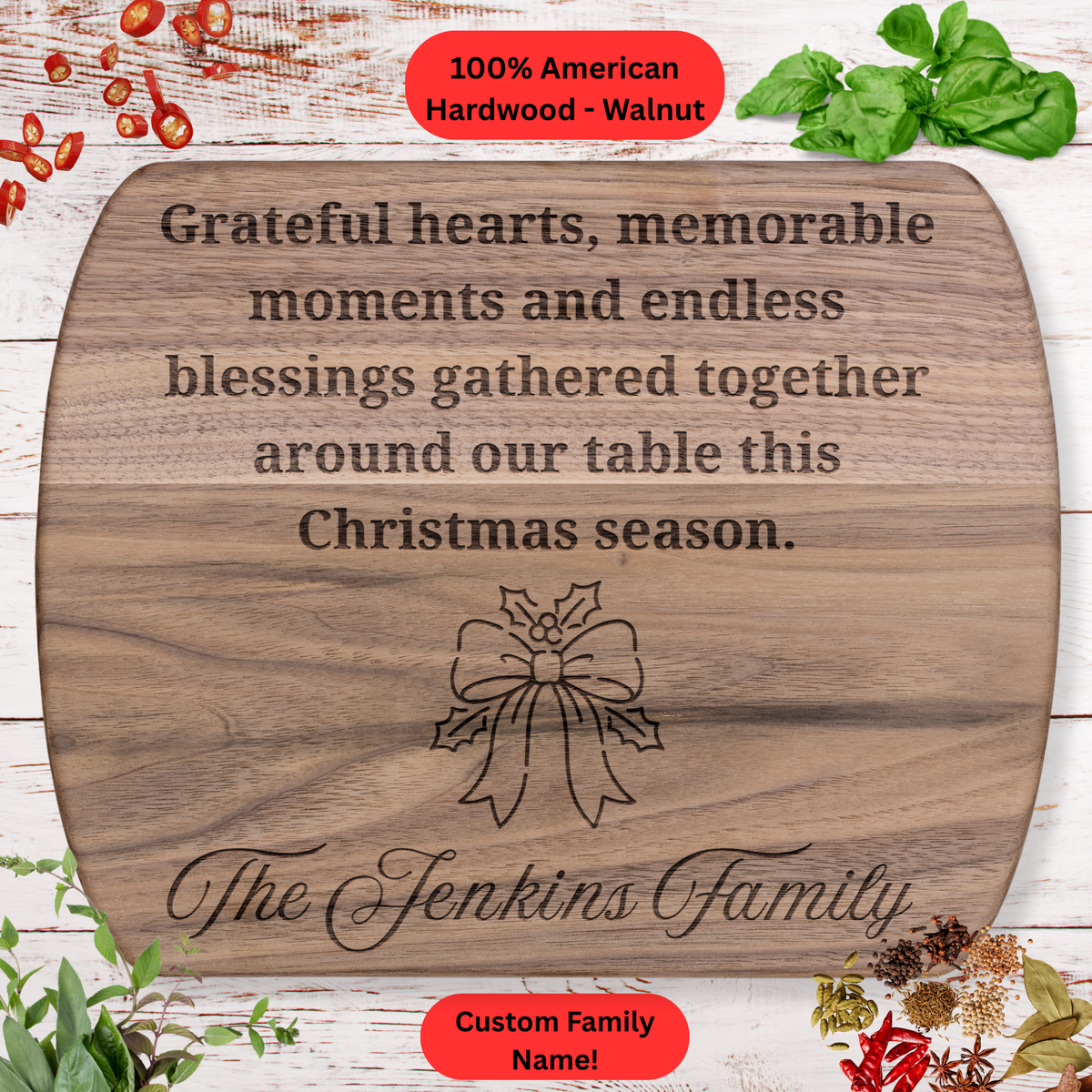 Personalized Christmas Family Cutting Board. Custom Family Name Gift. Holiday Kitchen Décor