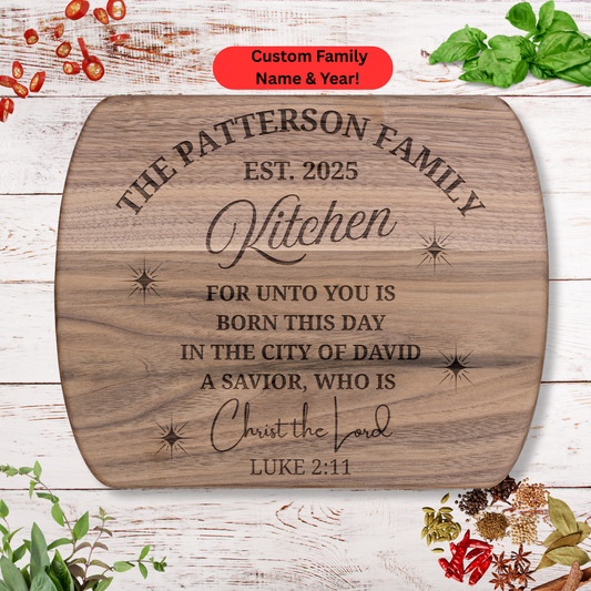 Personalized Christmas Cutting Board. Custom Family Name Gift. Walnut Board with Christmas Stars. Christmas Family Gift. Christian Family Gift.