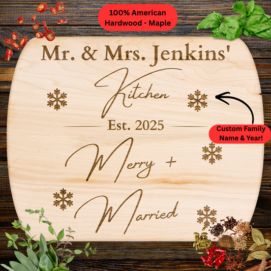 Personalized Christmas Cutting Board. Custom Mr. & Mrs. Family Name and Wedding Year. Newlywed Christmas Gift. Snowflake Design