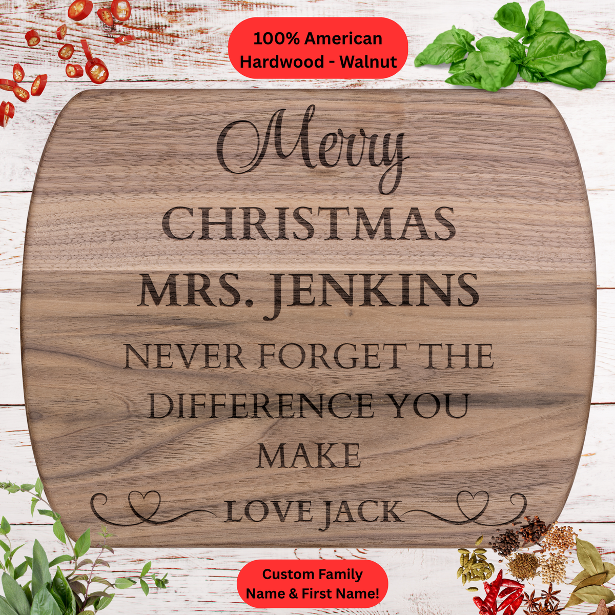 Personalized Christmas Cutting Board. Custom Name Gift. Thoughtful Christmas Gift for Teacher, Friend or Loved One.