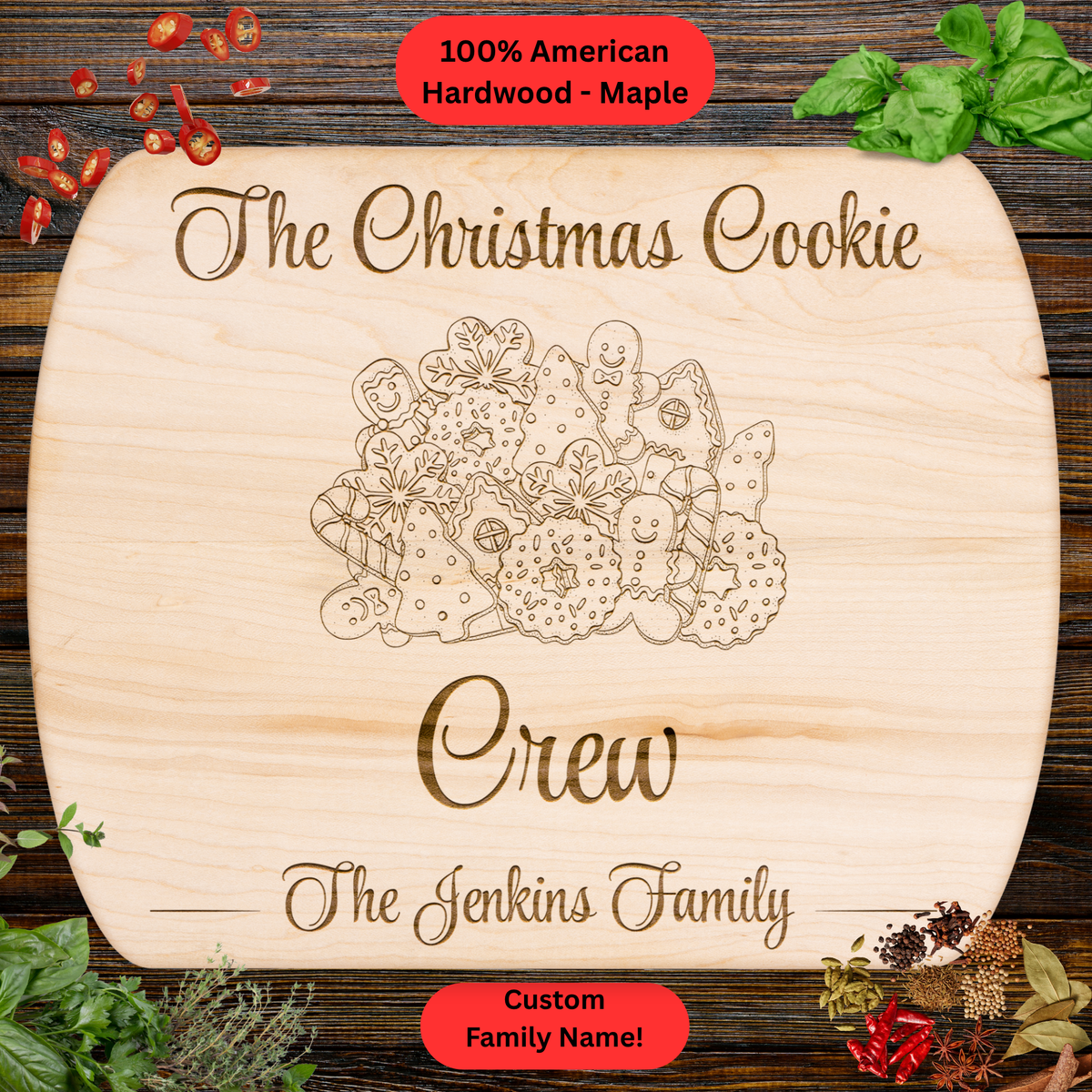 Personalized Christmas Cutting Board. Custom Family Name. Christmas Baking Gift. Holiday Kitchen Décor