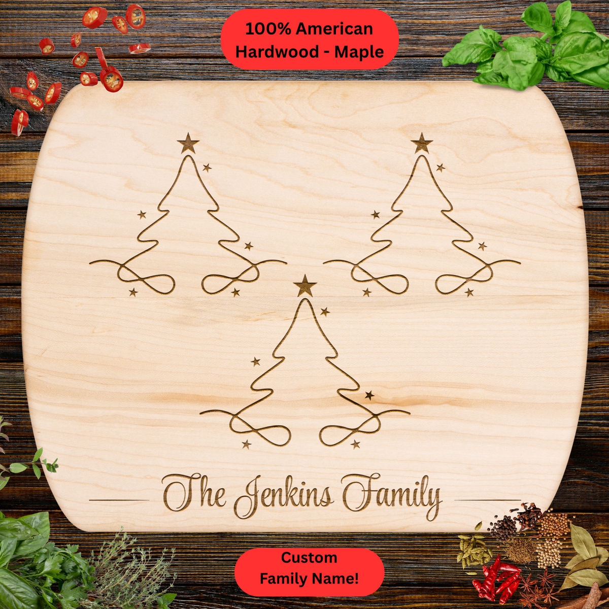 Personalized Christmas Family Cutting Board. Custom Family Name. Holiday Kitchen Décor. Family Christmas Gift