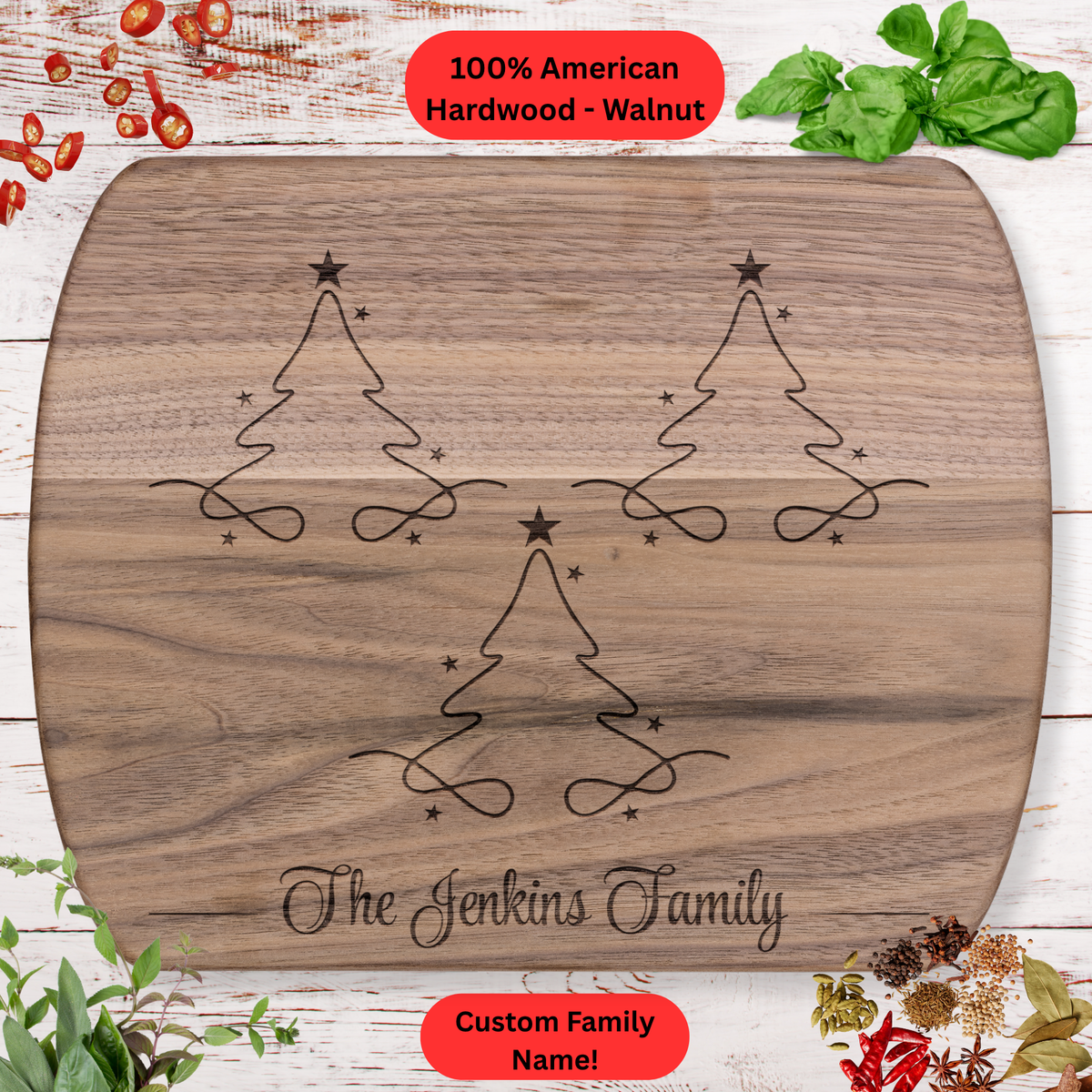 Personalized Christmas Family Cutting Board. Custom Family Name. Holiday Kitchen Décor. Family Christmas Gift