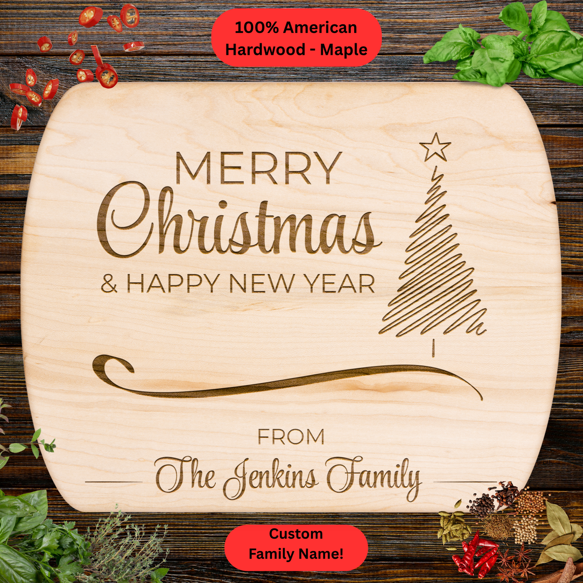 Personalized Christmas Cutting Board. Custom Family Name. Merry Christmas and Happy New Year Gift. Holiday Kitchen Décor