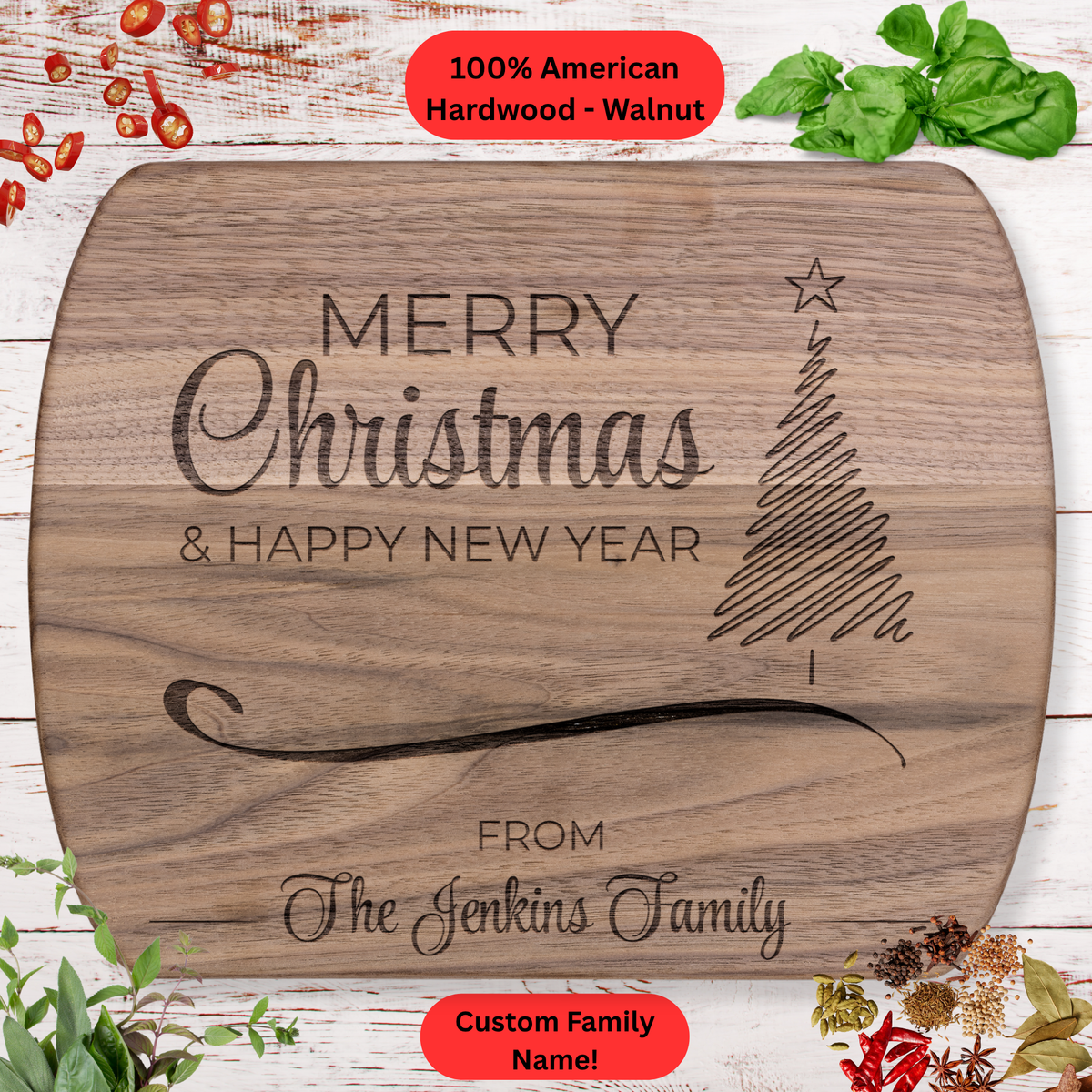 Personalized Christmas Cutting Board. Custom Family Name. Merry Christmas and Happy New Year Gift. Holiday Kitchen Décor