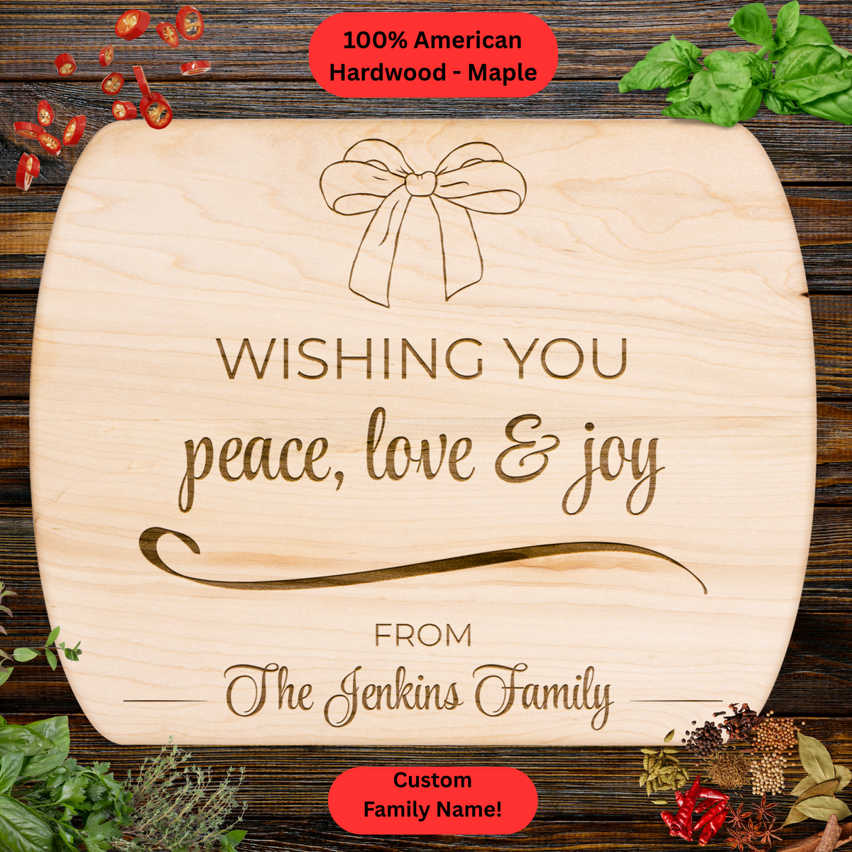 Personalized Christmas Cutting Board. Custom Family Name. Holiday Gift for Family and Friends