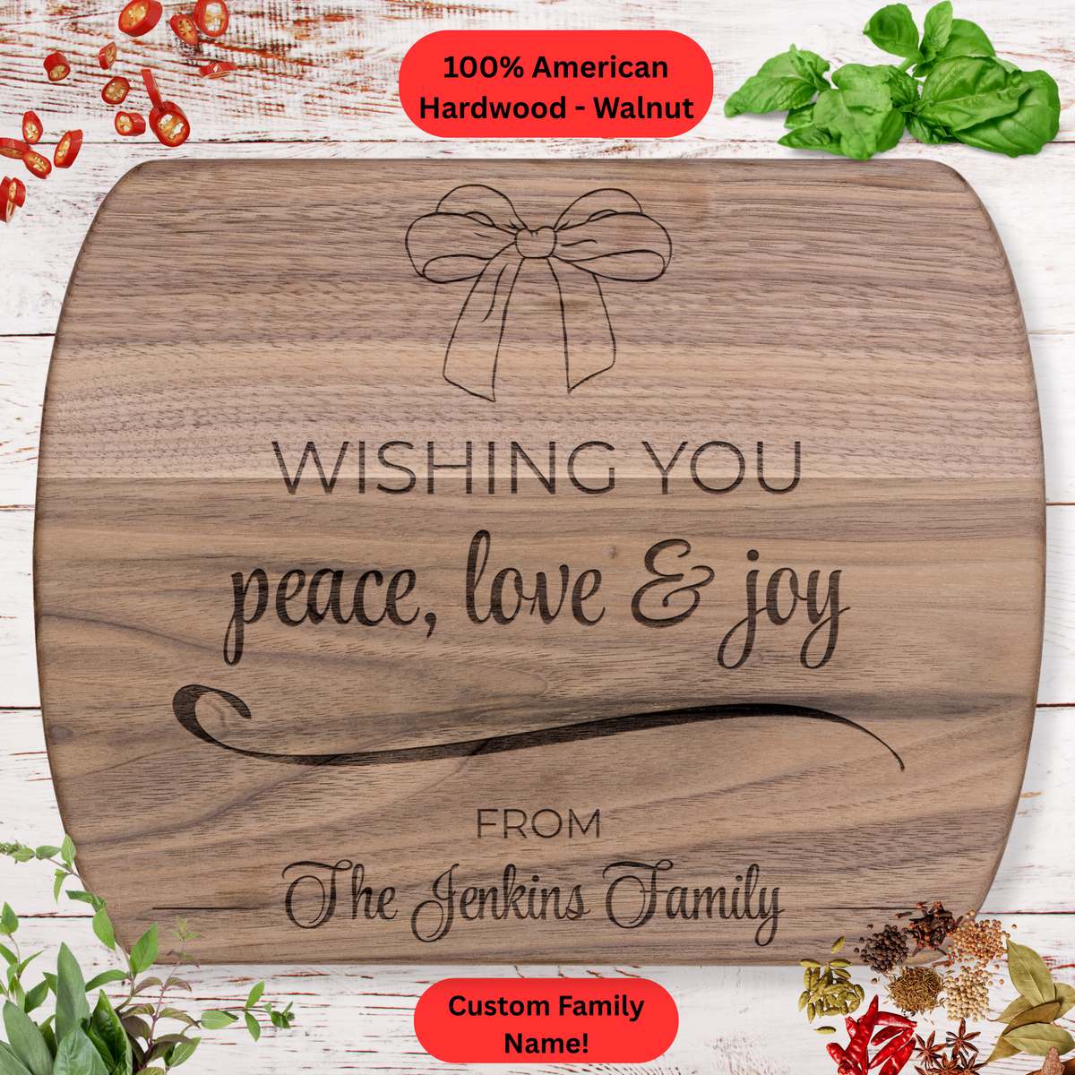Personalized Christmas Cutting Board. Custom Family Name. Holiday Gift for Family and Friends