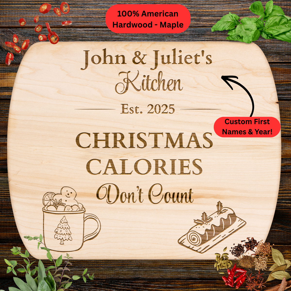 Personalized Christmas Cutting Board. Custom First Names and Year. Christmas Treats Design, Holiday Gift