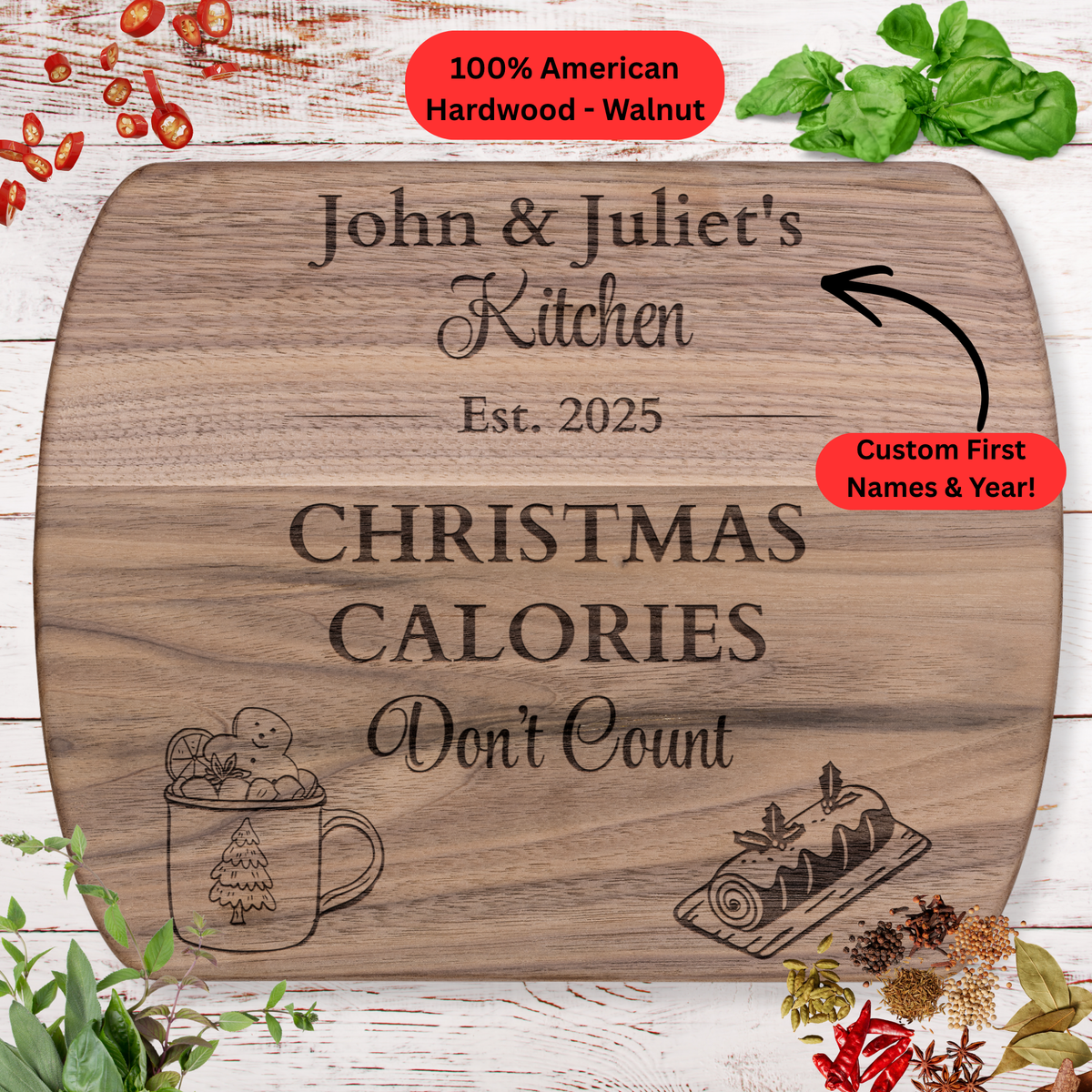 Personalized Christmas Cutting Board. Custom First Names and Year. Christmas Treats Design, Holiday Gift