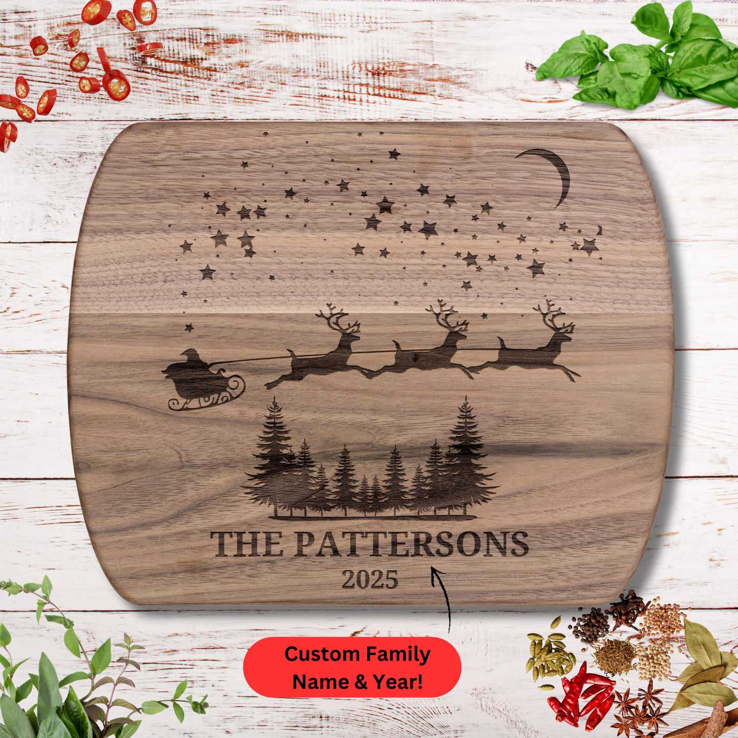 Personalized Christmas Cutting Board. Custom Family Name Gift. Walnut Board with Santa. Christmas Family Gift.