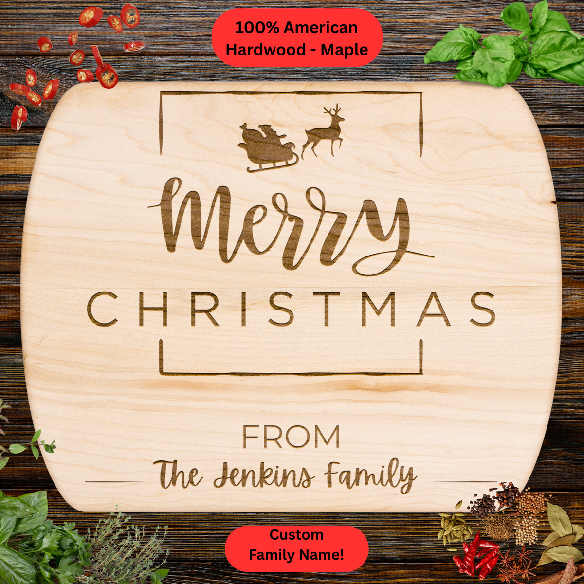 Personalized Christmas Cutting Board. Merry Christmas from the Family. Custom Family Name. Holiday Gift