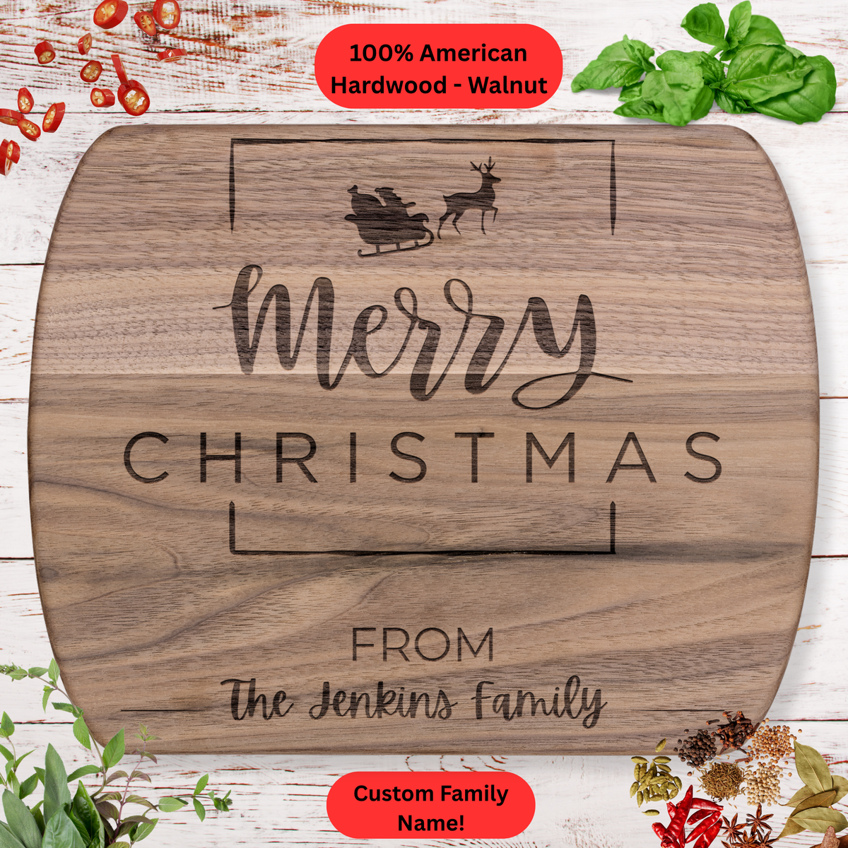 Personalized Christmas Cutting Board. Merry Christmas from the Family. Custom Family Name. Holiday Gift