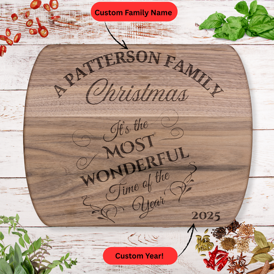 Personalized Christmas Cutting Board. Custom Family Name and Year Gift. Walnut Wood Board. Christmas Family Gift.
