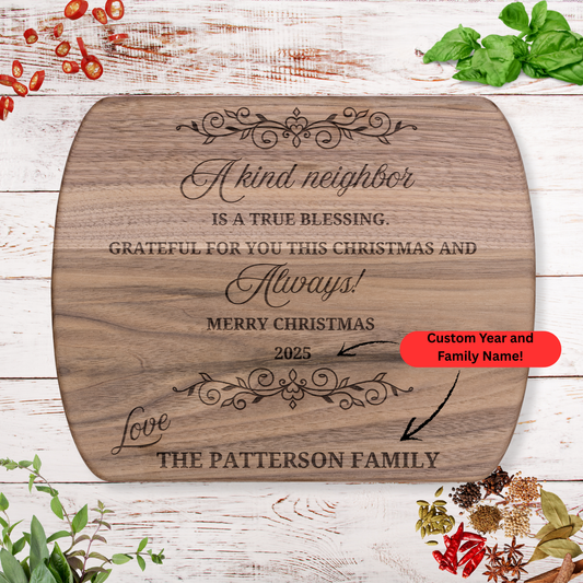 Personalized Neighbor Christmas Gift. Custom Family Name and Year. Walnut Cutting Board