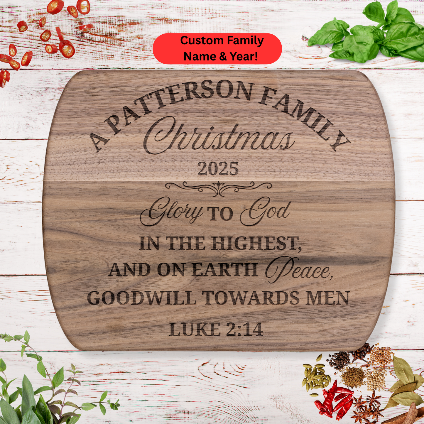 Personalized Christmas Cutting Board. Custom Family Name and Year. Walnut Hardwood Gift for Christian Families.