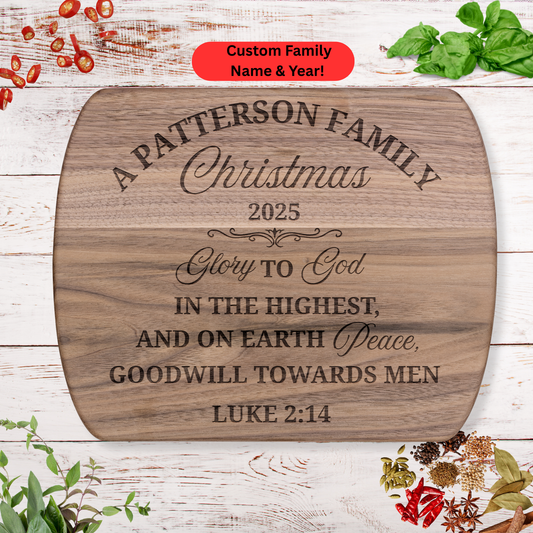 Personalized Christmas Cutting Board. Custom Family Name and Year. Walnut Hardwood Gift for Christian Families.