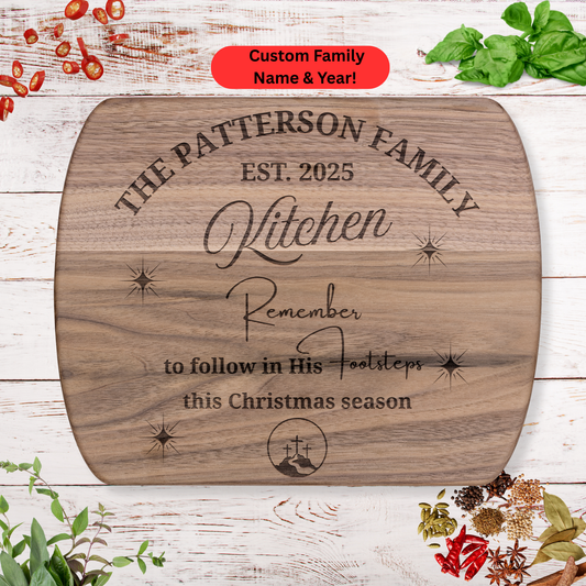 Personalized Christian Cutting Board. Custom Family Name and Year. Walnut Hardwood Kitchen Decor. Christian Family Gift