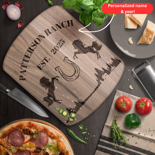 Personalized Ranch Cutting Board. Custom Family Name and Year with Horses.