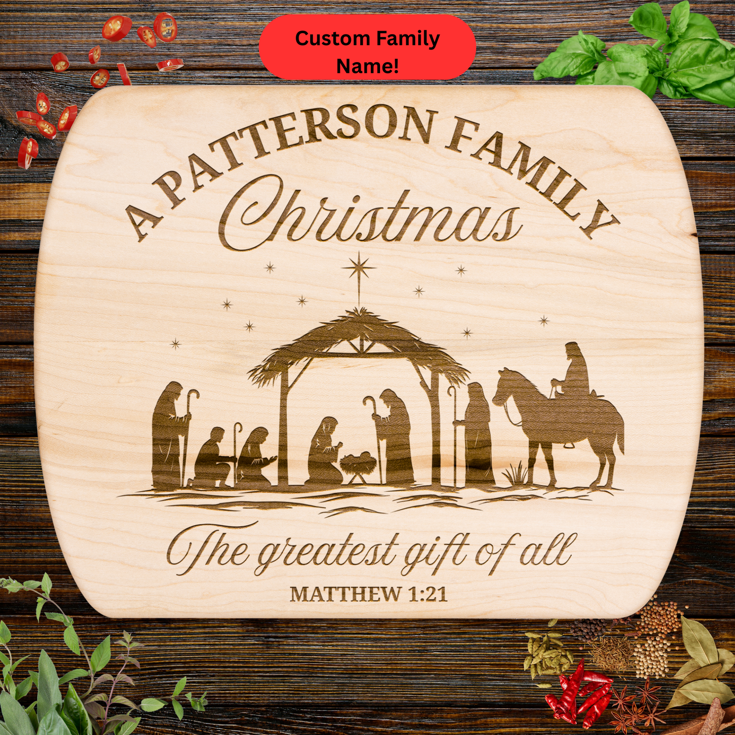 Custom Family Christmas Cutting Board with Nativity and Bible Verse. Christian Family Gift