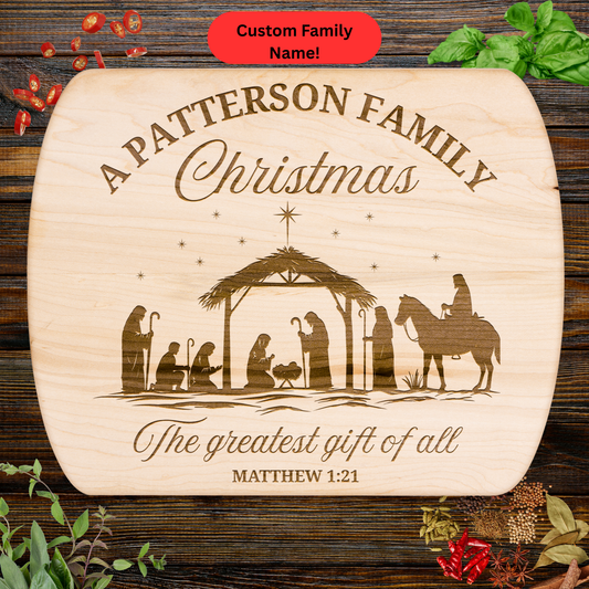 Custom Family Christmas Cutting Board with Nativity and Bible Verse. Christian Family Gift