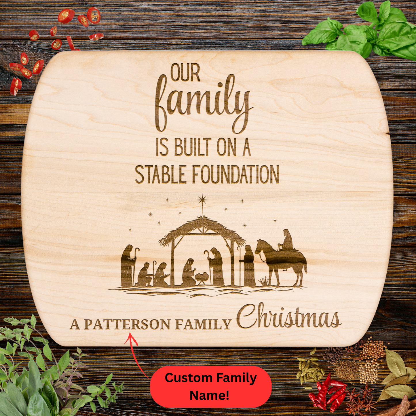 Personalized Christmas Cutting Board. Nativity Scene and Family Name Gift. Christian family gift.