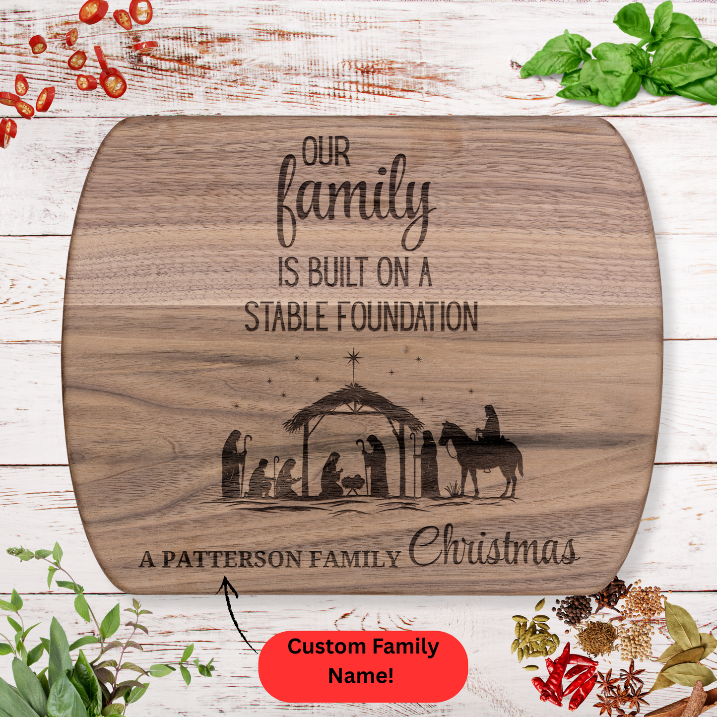 Personalized Christmas Cutting Board. Nativity Scene and Family Name Gift. Christian family gift.