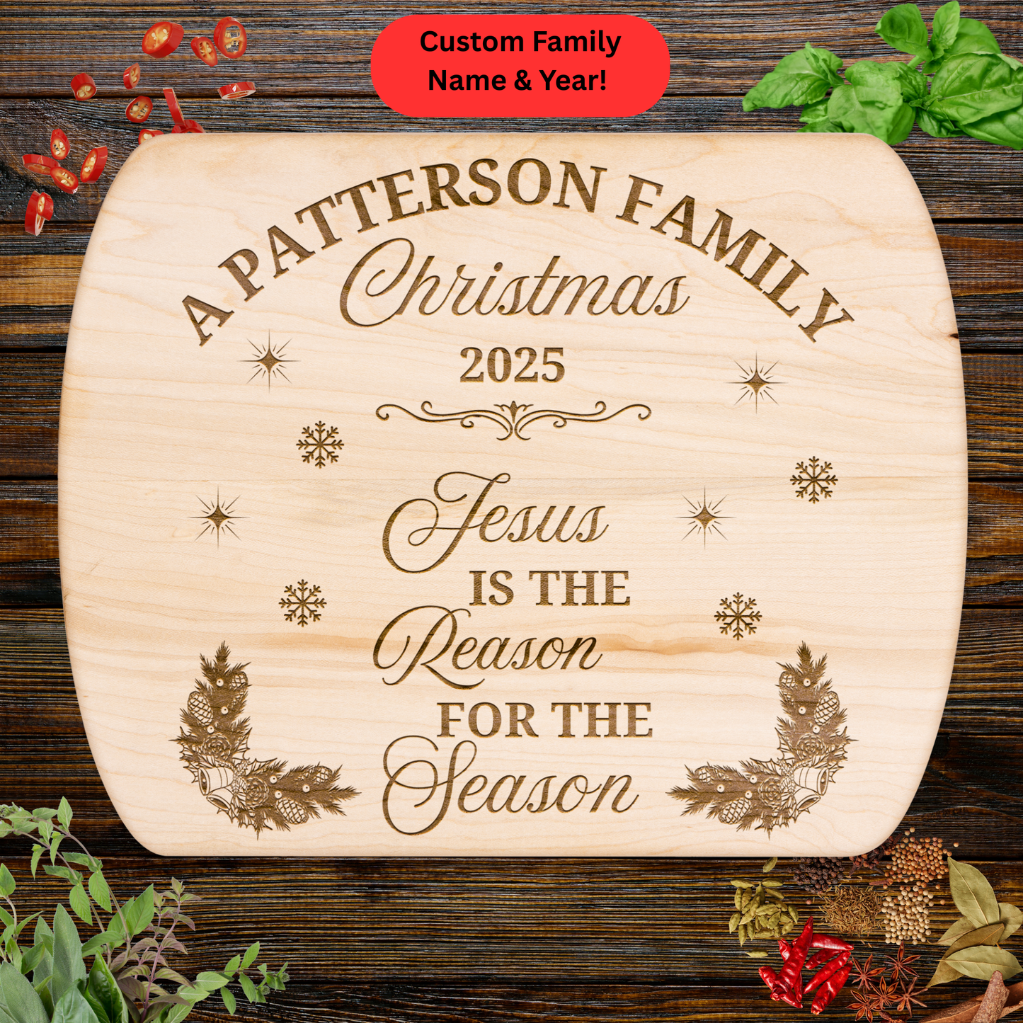 Personalized Christmas Cutting Board. Jesus Is the Reason for the Season. Custom Family Name and Year Gift. Christian Christmas Gift.