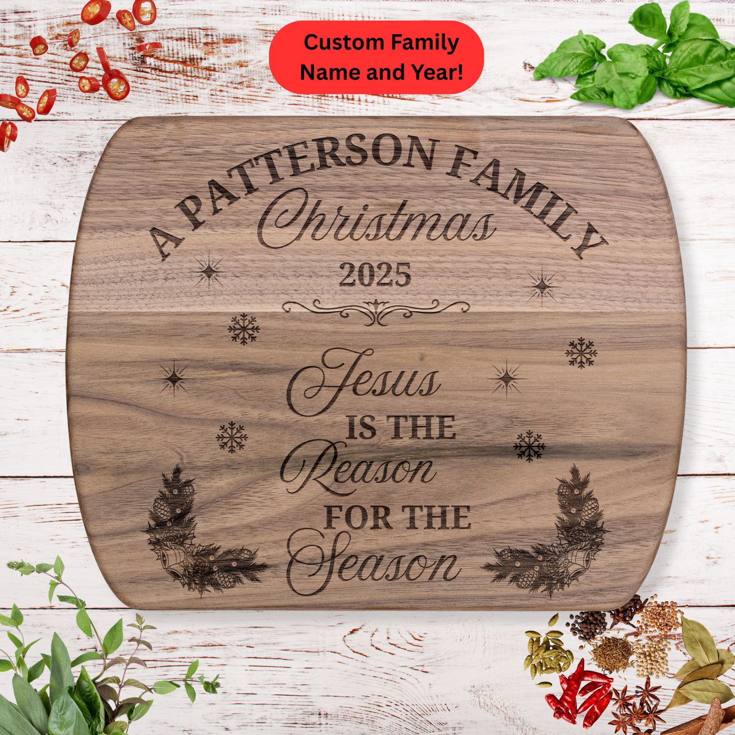 Personalized Christmas Cutting Board. Jesus Is the Reason for the Season. Custom Family Name and Year Gift. Christian Christmas Gift.