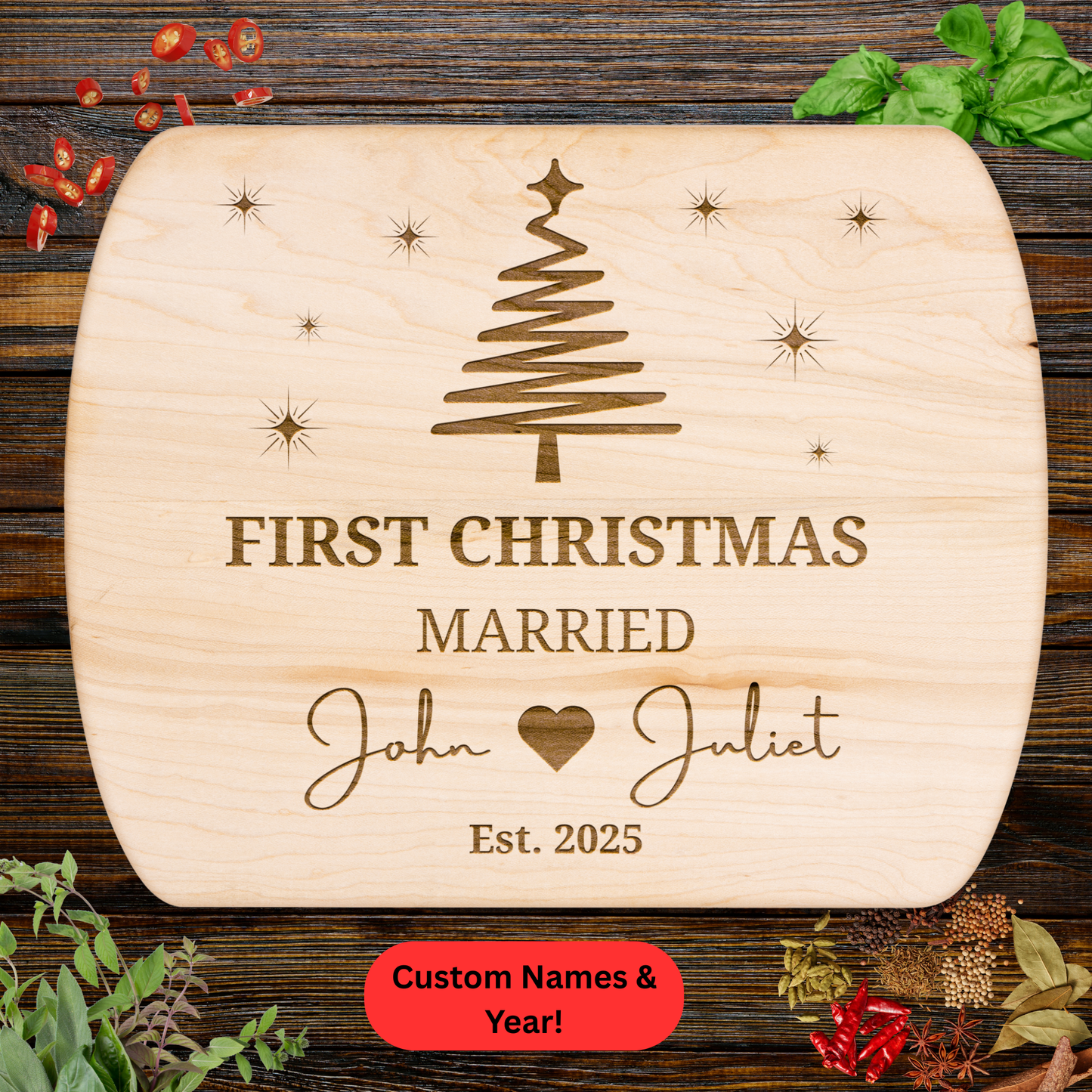 Personalized First Christmas Married Cutting Board. Custom Names and Year. Newlywed Christmas Gift.  Walnut or Maple Wood Board