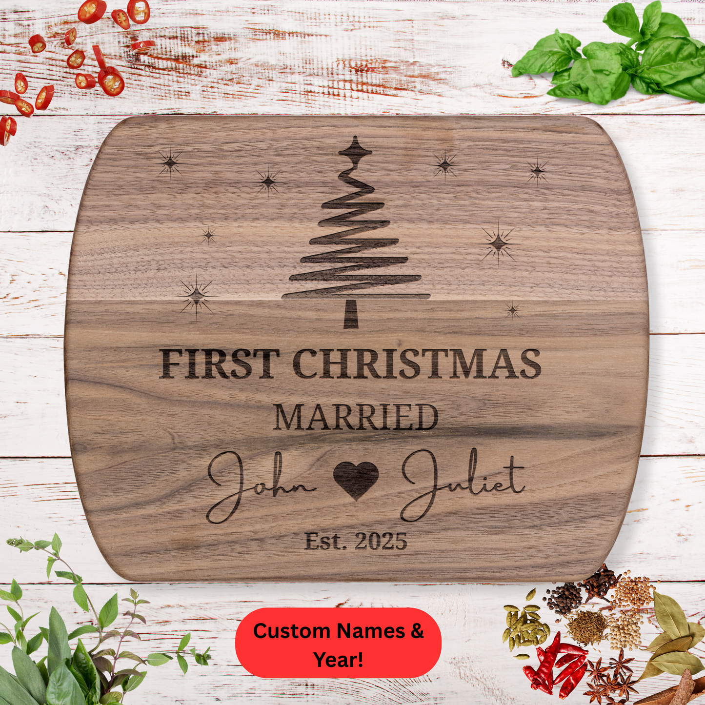 Personalized First Christmas Married Cutting Board. Custom Names and Year. Newlywed Christmas Gift.  Walnut or Maple Wood Board