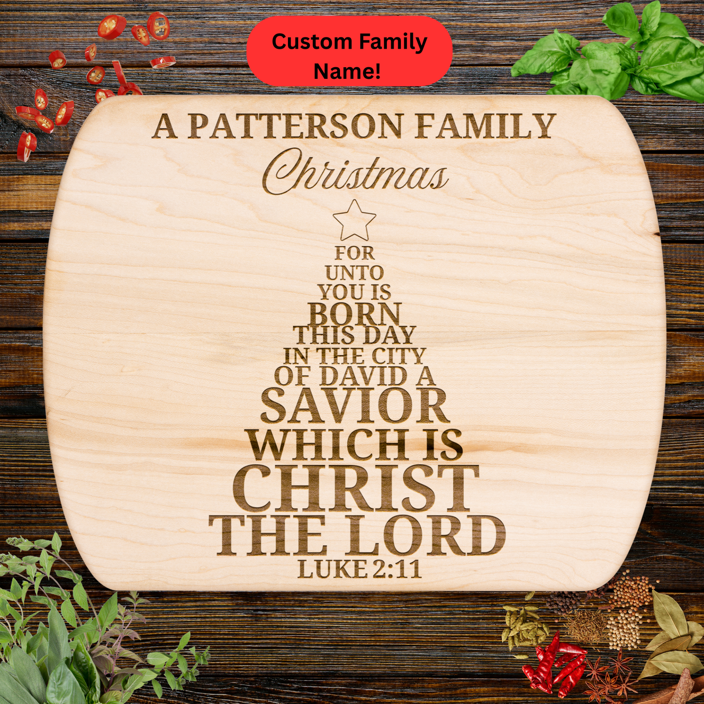 Personalized Christmas Family Cutting Board. Christian Christmas Gift. Custom Family Name
