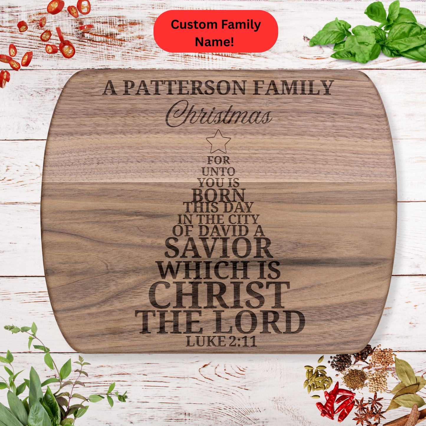 Personalized Christmas Family Cutting Board. Christian Christmas Gift. Custom Family Name